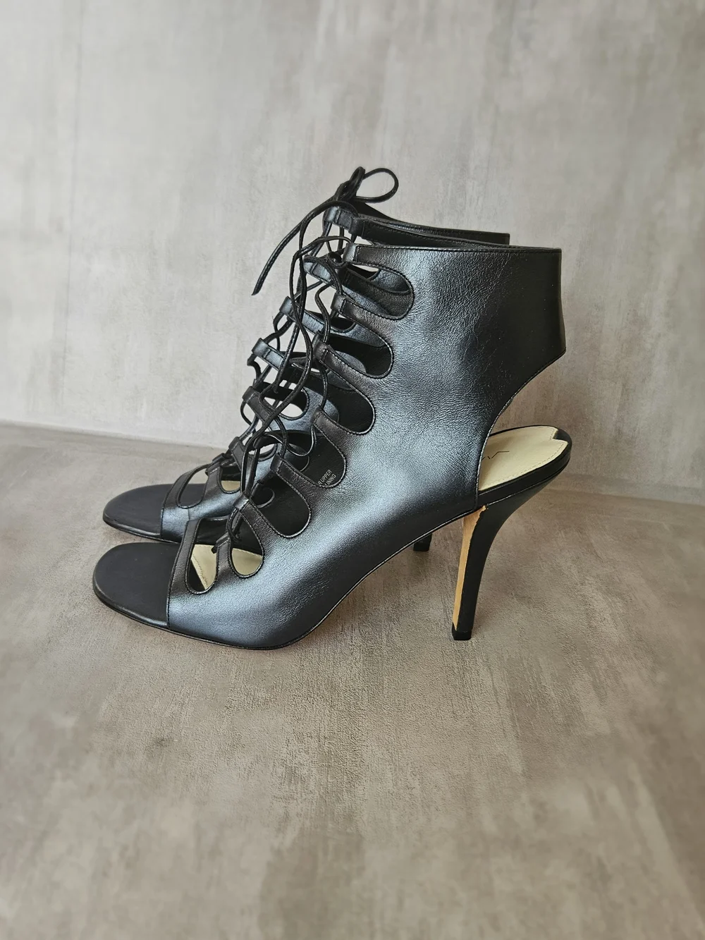 Via Spiga Black Leather Lace-Up Heels Sandals Stilettos Size US 7